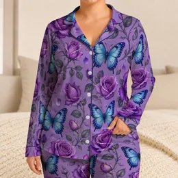 Purple Rose Butterfly Lavender Botanical Lounge Set for Relaxing, Travel, and Gift Giving Satin Pajamas Set
