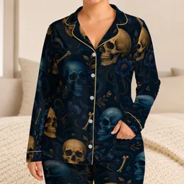 Gothic Skull Motifs Midnight Blue Golden Ochre Dark Aesthetic Lounge Style For Women Satin Pajamas Set