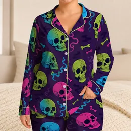 Neon Skull Halloween Spooky Season Gift, Gothic Alternative Style For Plus Size Women Satin Pajamas Set