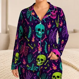 Neon Gothic Skeleton Skulls For Cozy Lounging And Spooky Nighttime Relaxation At Home Satin Pajamas Set