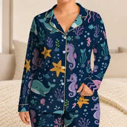Undersea Whale Starfish Seahorse Scene for Coastal Lounge Days and Beach House Decor Satin Pajamas Set