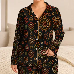 African Inspired Geometric Totem Motifs for Colorful Lounge Style, Plus Size Women Satin Pajamas Set