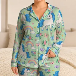 Whimsical Unicorn Rainbows for Dreamy Nights and Colorful Lounging, Women's Plus Size Satin Pajamas Set