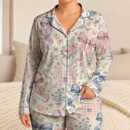Pastel Bow Floral Patchwork for Cozy Lounging, Sleepovers, and Feminine Gift Giving Satin Pajamas Set