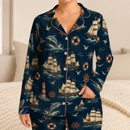 Vintage Nautical Sailboats and Dolphins for Coastal Lounging, Seaside Travel and Gifts Satin Pajamas Set