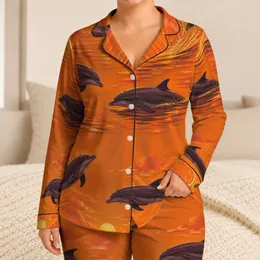 Bottlenose Dolphin Sunset Ocean Scene for Relaxed Coastal Lounging and Beach Lovers Satin Pajamas Set