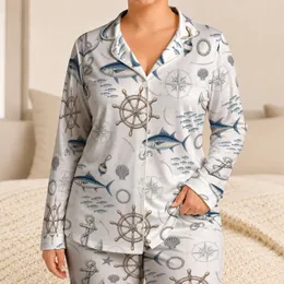 Nautical Anchors And Compass Roses For Cozy Coastal Lounging At Home, Plus Size Women Satin Pajamas Set