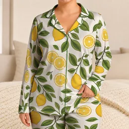 Lemon Grove Greenery With Leafy Citrus Details For Sunny Summer Days And Vacation Style Satin Pajamas Set
