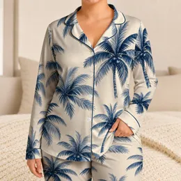 Blue Coastal Coconut Palms For Tropical Vacation Lounging And Beach Getaways Women Satin Pajamas Set