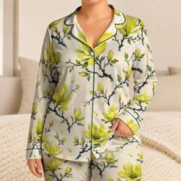 Chartreuse Magnolia Floral Botanical East Asian Style For Relaxed Lounging And Cozy Nights Satin Pajamas Set