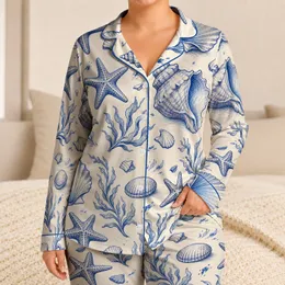 Coastal Shells And Starfish Ocean-Inspired Comfort For Beach Lovers, Women At Home Satin Pajamas Set