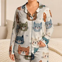 Geometric Cat Faces for Cozy Lounging and Weekend Relaxation, Women's Whimsical Style Satin Pajamas Set