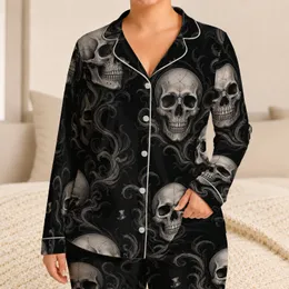 Gothic Skull Smoke Motifs for Dark Lounge Style, Halloween Gifting, and Skull Lovers Satin Pajamas Set
