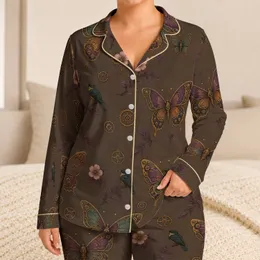 Vintage Steampunk Butterfly Garden Taupe Botanical Style For Relaxed Cozy Lounging Women Satin Pajamas Set