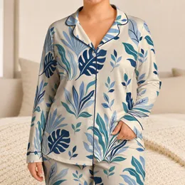 Blue Botanical Leaves Ivory Tropical Foliage Lounge Wear for Vacation Relaxation Satin Pajamas Set