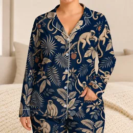 Tropical Monkey Jungle Botanical Night Motif, Resort Lounge Style, Gift for Travelers Satin Pajamas Set