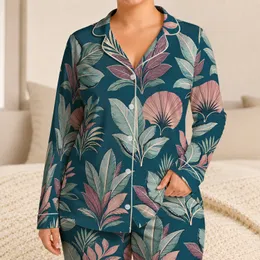 Tropical Botanical Leaves, Vintage Color Block Style for Summer Lounging, Casual Women Satin Pajamas Set