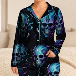 Bold Cyberpunk Skull Motif for Urban Streetwear Style and Festival Night Out Looks Satin Pajamas Set