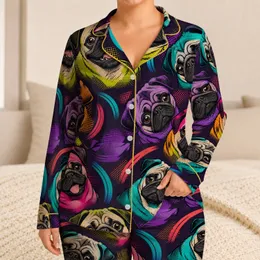 Colorful Pug Faces Pop Art Lounge Style for Cozy Weekends, Travel and Pet Lovers Satin Pajamas Set