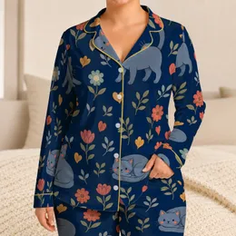 Blue-Gray Cats And Floral Botanicals For Cozy Lounging, Cute Forest-Inspired Gift Satin Pajamas Set