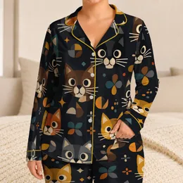 Geometric Cat Faces for Cozy Lounging and Gift Giving, Women Who Love Modern Style Satin Pajamas Set