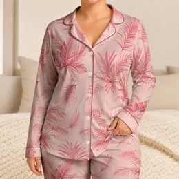 Blush Pink Palm Fronds Tropical Resort Vacation Lounge Style Beach Travel for Women Satin Pajamas Set