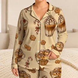 Whipped Coffee, Cream Puff, and Candy Cane Motifs for Cozy Cafe Nights, Women Gift Satin Pajamas Set