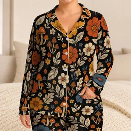 Retro Folk Flowers And Mushrooms For Cozy Lounge Nights And Relaxed Mornings For Women Satin Pajamas Set