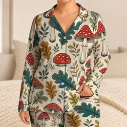 Scarlet Mushroom And Oak Leaf Woodland Botanical For Cozy Autumn Lounging At Home Satin Pajamas Set