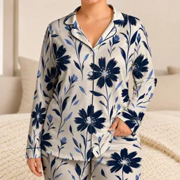 Hand-Painted Navy Wildflowers for Relaxed Summer Lounging and Sleepwear Lovers Women Satin Pajamas Set