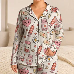 Kawaii Nurse Heart And Medicine Motifs For Cozy Self-Care Gifts For Healthcare Workers Satin Pajamas Set