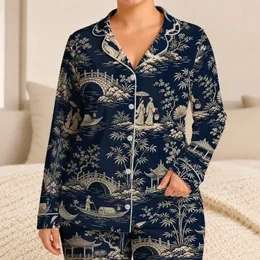 Midnight Navy Chinoiserie Garden Toile For Relaxed Evenings And Weekend Lounging Satin Pajamas Set
