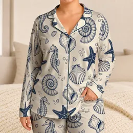 Vintage Navy Sea Stars, Seahorses And Shells For Coastal Lounging And Beach Gifts Satin Pajamas Set