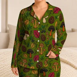 Woodland Mushroom And Pinecone Motifs For Cozy Autumn Lounging And Relaxed Evenings Satin Pajamas Set