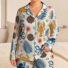 Coastal Lobster Octopus Shell Motif For Beach Vacations And Nautical Style Satin Pajamas Set