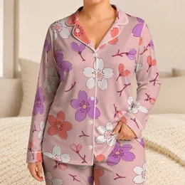 Pink Cherry Blossom Floral For Women’s Relaxed Spring Evenings And Cozy Bedtime Comfort Satin Pajamas Set
