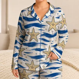 Blue Starfish With Coastal Brush Stripes For Beach Vacation And Seaside Lounging Satin Pajamas Set