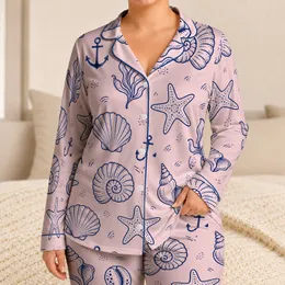 Navy Coastal Shells Starfish Seaweed For Relaxed Seaside Lounging At Home For Women Satin Pajamas Set
