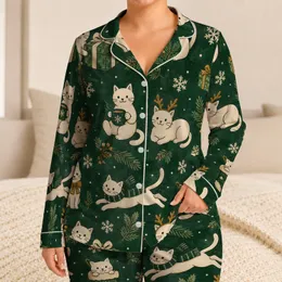 Ivory Christmas Cats With Pine Sprigs For Cozy Winter Nights Cat Lovers Gift Satin Pajamas Set