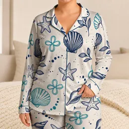 Coastal Seashell And Teal Flower Motifs For Relaxed Beach Getaways And Everyday Lounging Satin Pajamas Set
