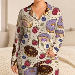 Chocolate Donuts, Raspberries And Blueberries For Cozy Sleep And Lounge Gifts For Women Satin Pajamas Set