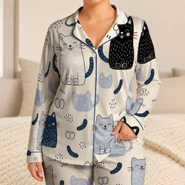 Smiling Navy Cats And Paw Motifs For Cozy Nights And Relaxed Home Lounging Gifts Satin Pajamas Set