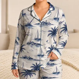 Navy Coconut Palms And Sailboats For Coastal Lounging And Beach Getaways For Women Satin Pajamas Set