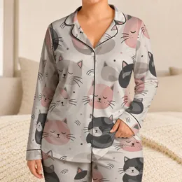 Sleepy Cat Faces And Curled Kitties For Cozy Nights, Relaxing At Home, And Cat Lovers Satin Pajamas Set