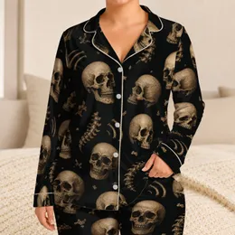 Gothic Skull And Bone Motif For Halloween Loungewear And Dark Alternative Styles Satin Pajamas Set