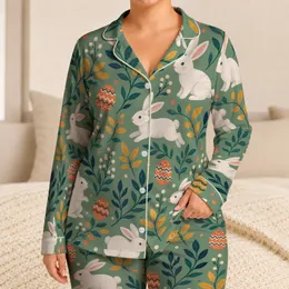 White Easter Rabbits And Decorated Eggs For Springtime Lounging And Holiday Gifts Satin Pajamas Set