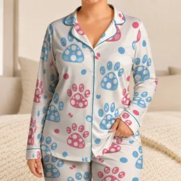 Blue And Raspberry Paw Polka Dot Motif For Cozy At Home Lounging And Relaxing Women Satin Pajamas Set