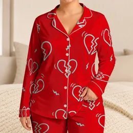 Aqua Broken Hearts On Crimson For Valentine Sleepwear And Lounge Lovers Satin Pajamas Set