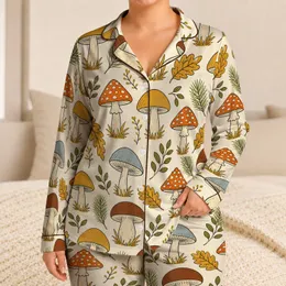 Woodland Mushroom And Botanical Motif for Cozy Autumn Lounging and Weekend Relaxing Satin Pajamas Set