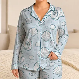 Coastal Seashell Nautilus And Conch Motifs For Relaxed Beach Weekend Lounging Women Satin Pajamas Set